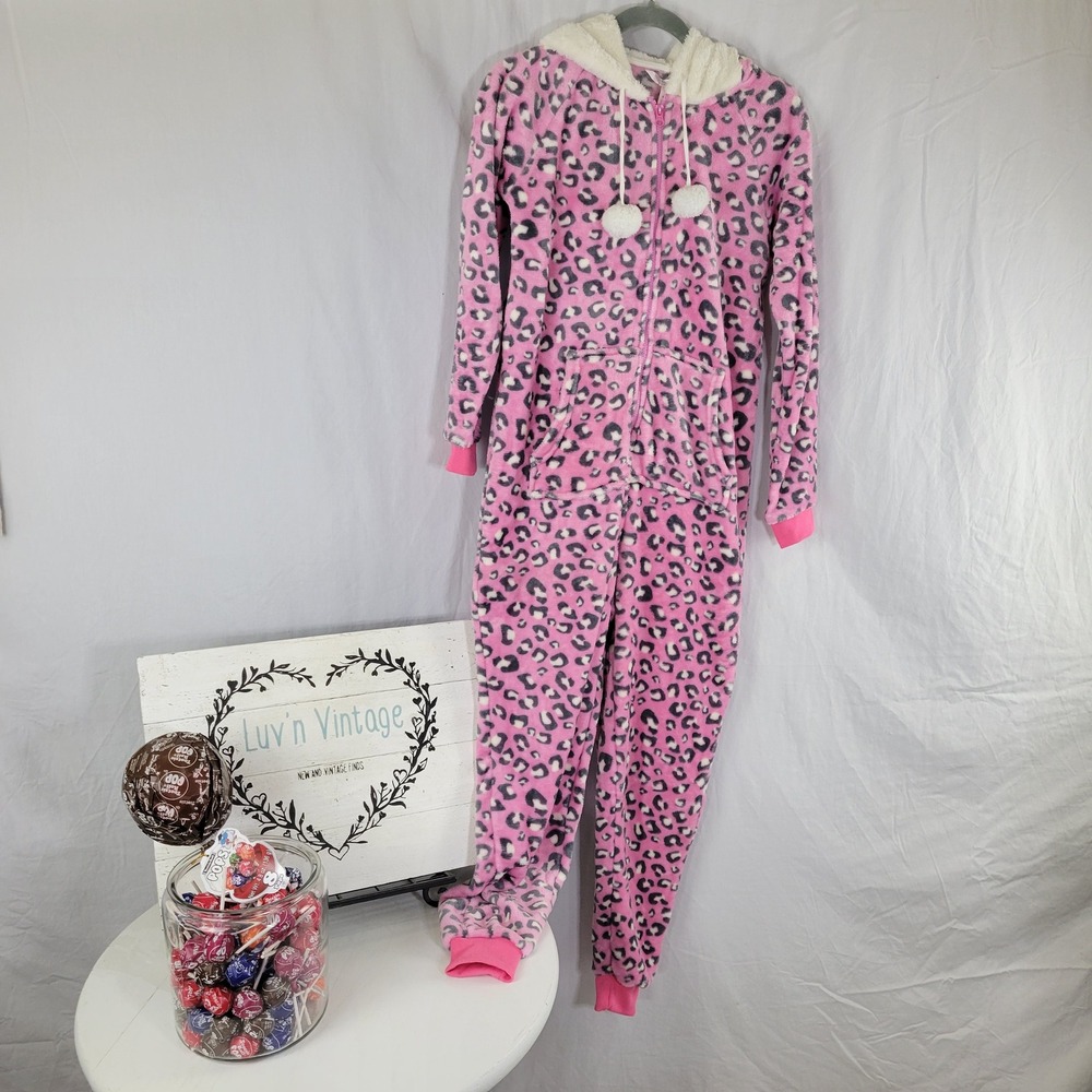 harmony & havoc Pink Leopard Fleece Union Suit Animal Hooded One Piece Pajamas L